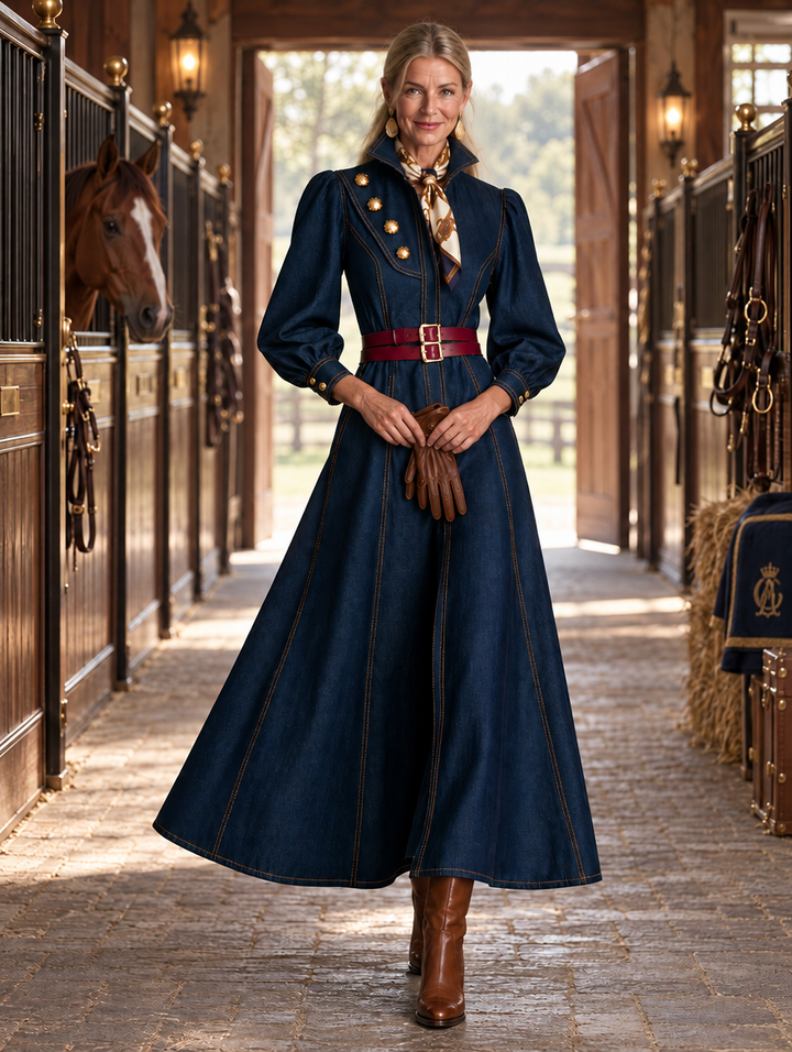 Vintage Military Dark Wash Gold Button Denim Maxi Dress