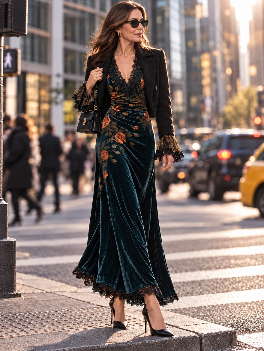 Elegant Dark Teal Velvet Floral Print Maxi Dress
