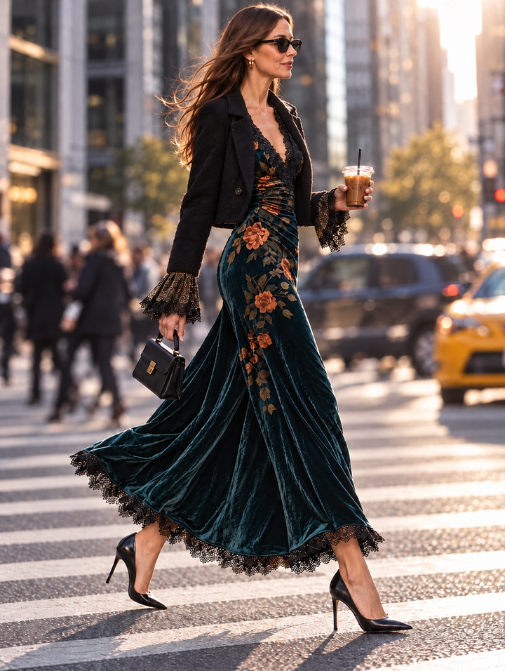 Elegant Dark Teal Velvet Floral Print Maxi Dress