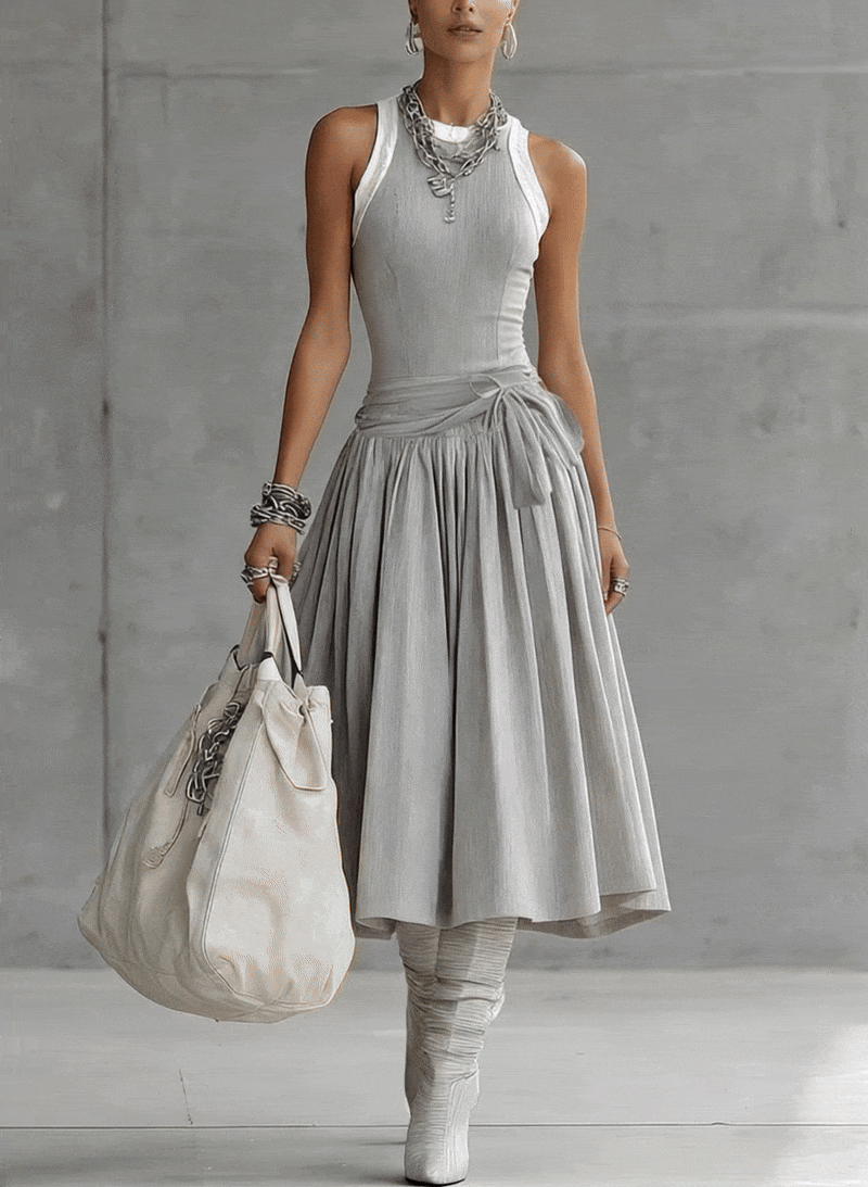 The Gray Ribbed Set — Sculpted Top & Draped Midi Skirt