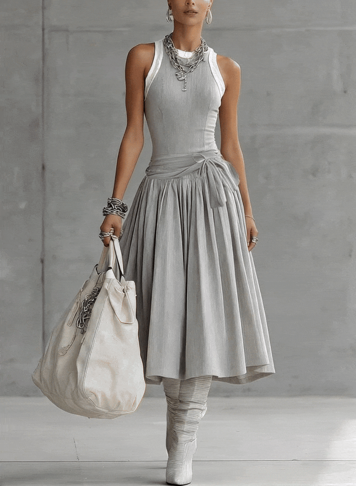 The Gray Ribbed Set — Sculpted Top & Draped Midi Skirt